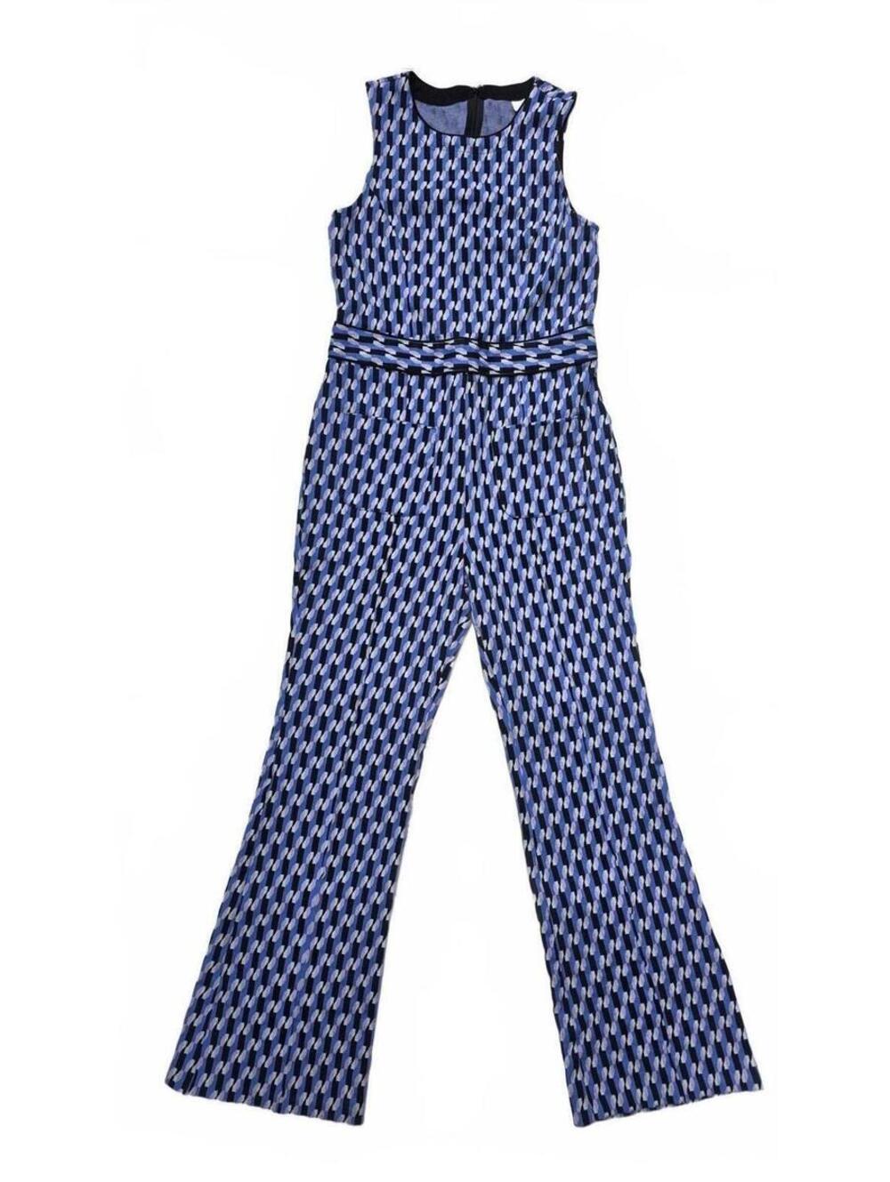 Maeve geometric patterned jumpsuit in purple violet black, pockets bootcut Sm